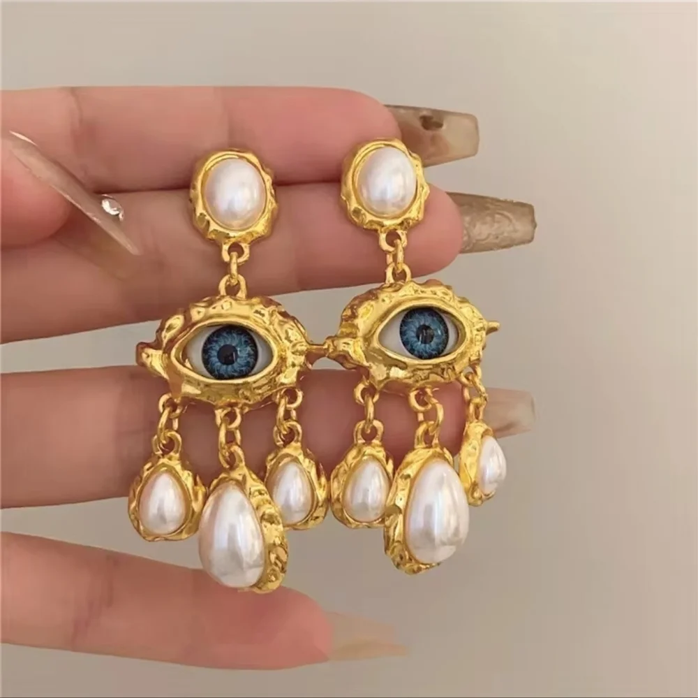 Gold-Tone Evil Eye Drop Earrings with Pearl Accents